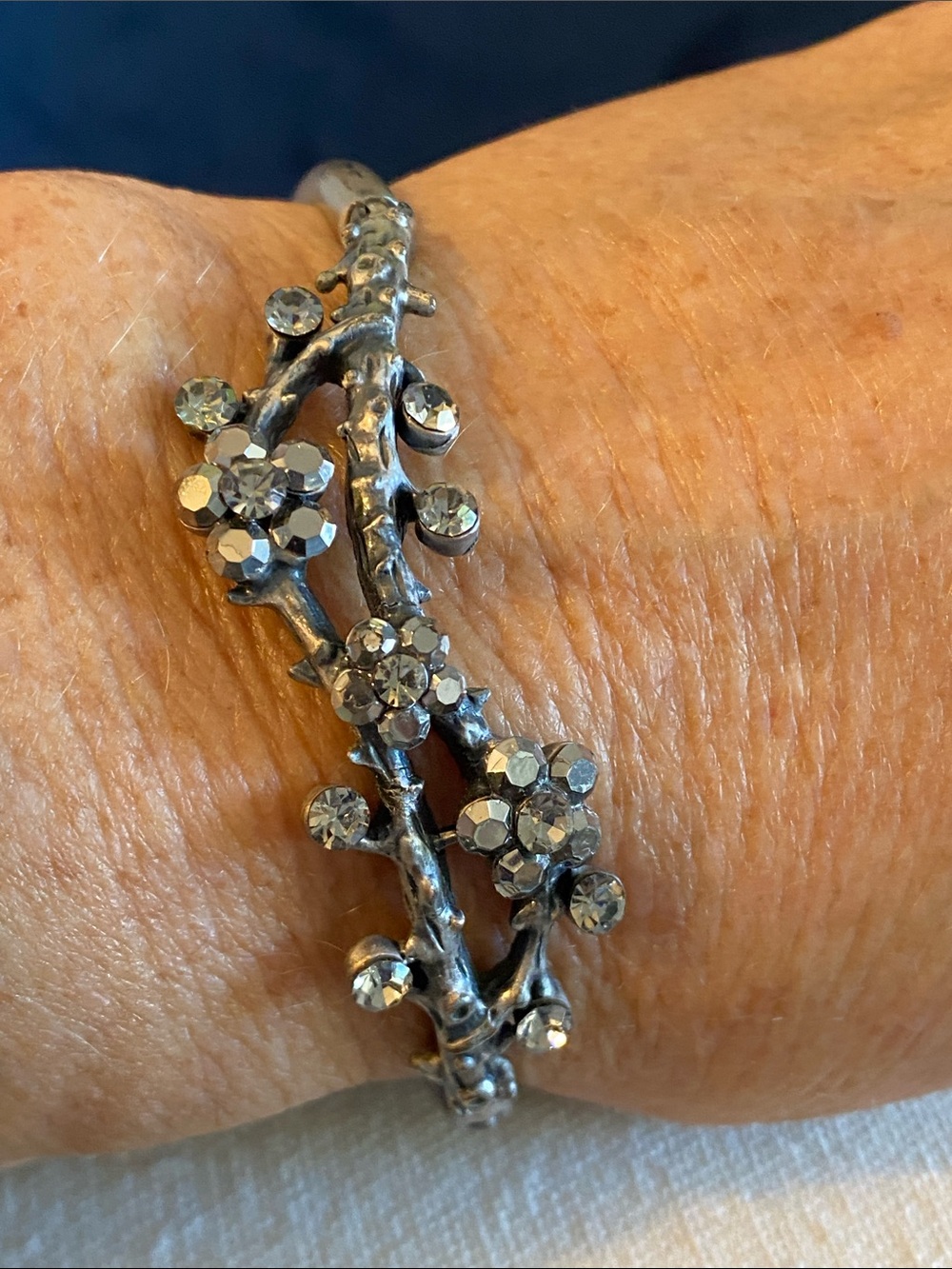 Antiqued Silver Tone Floral Branch Rhinestone Hinged Bracelet